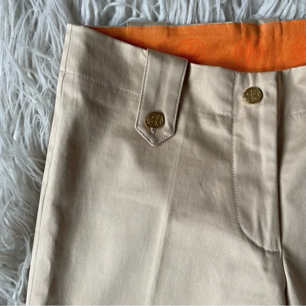Tory Burch Chino Khaki Tan Beige Logo Buttons Stretch Cotton Bermuda Shorts Sz 0